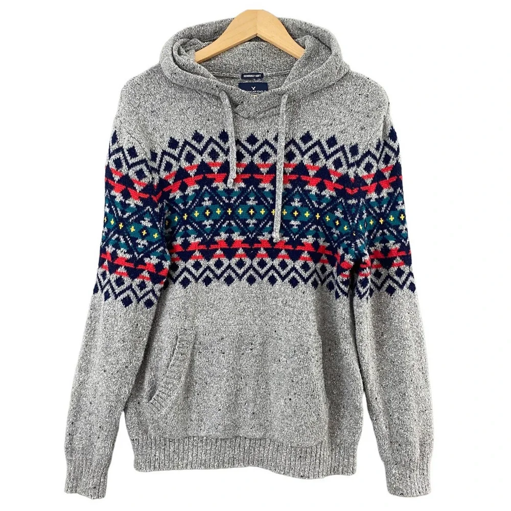 American Eagle Womens Fair Isle Hoodie Sweater Seriously Soft Size Medium - Picture 1 of 9